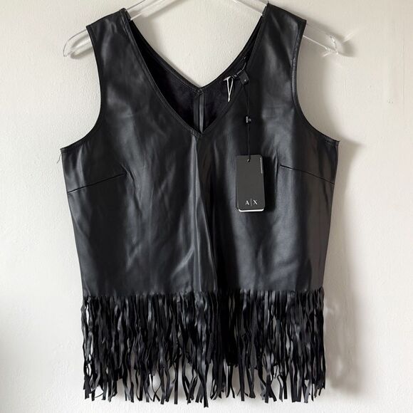⭕️ A|X Armani Exchange Black Leather Top Fridges Boho Style Medium - Picture 1 of 5